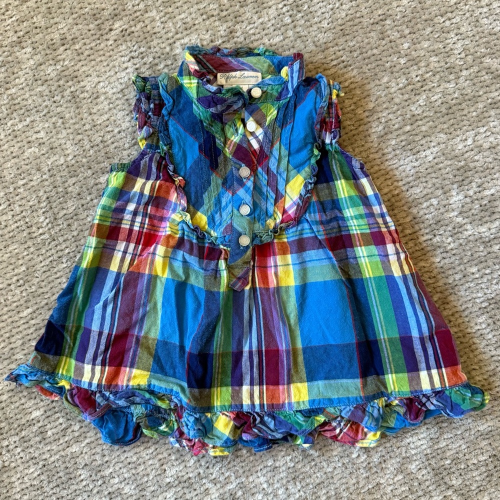 Ralph Lauren Baby Dress 3M‎ Multicolor Madras Plaid Ruffle Trim Monogram Buttons